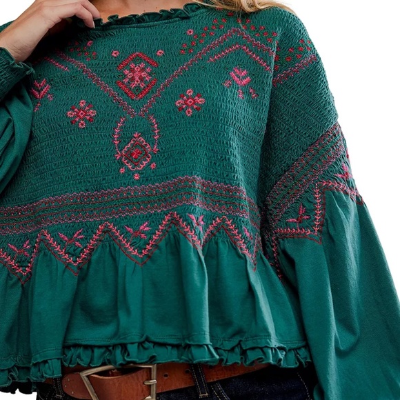 Free People Holly Long Sleeve Knit Top in Green Combo XS NWT - Picture 4 of 7